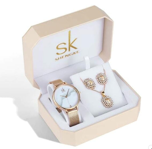 relogio feminino, relogio de luxo, relogio feminino dourado, Relógio Colar e Brincos, relogio feminino de luxo