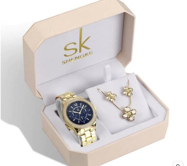 relogio feminino, relogio de luxo, relogio feminino dourado, Relógio Colar e Brincos, relogio feminino de luxo