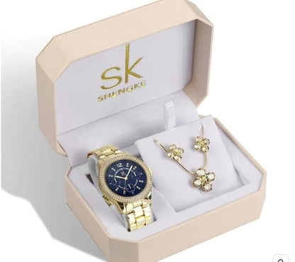 relogio feminino, relogio de luxo, relogio feminino dourado, Relógio Colar e Brincos, relogio feminino de luxo