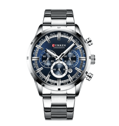 Relógio Masculino Curren Luxury FFOrder Prata com Azul 