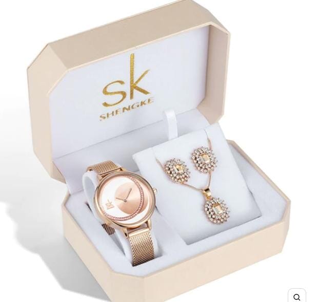relogio feminino, relogio de luxo, relogio feminino dourado, Relógio Colar e Brincos, relogio feminino de luxo